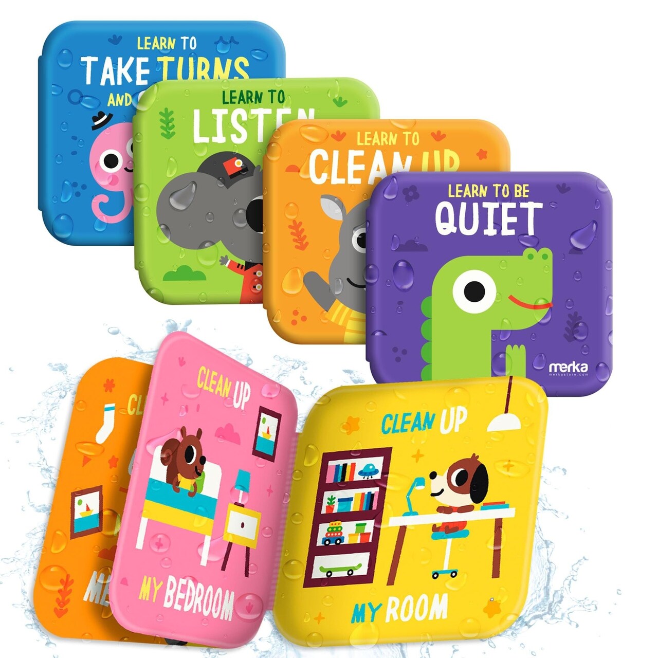 merka Baby Bathtub Bath Toys For Toddler Baby Bath Toys Baby Books 4 Plastic Book Take Turns Clean Up Listen Be Quiet Perfect Baby Gifts for Sharing and Learning